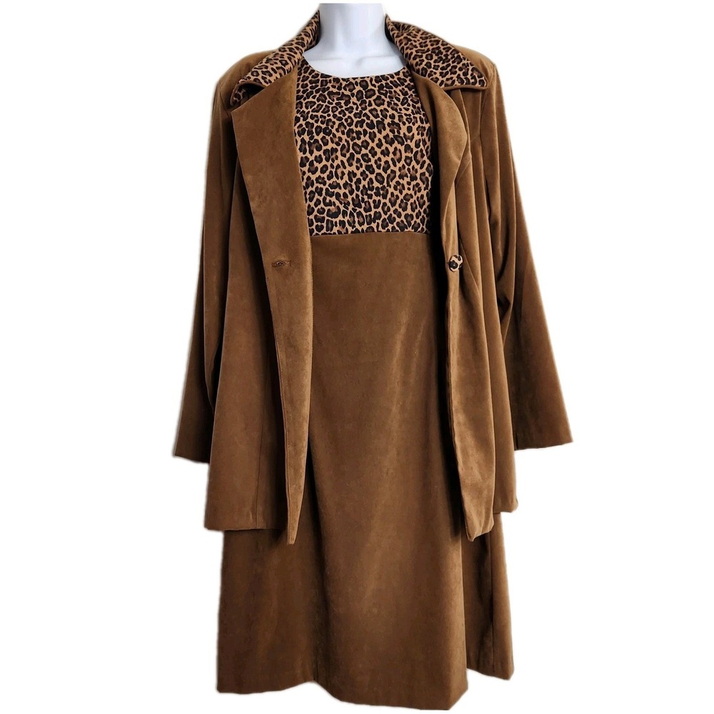 Vintage ISB 2 Piece Dress Suit Set Womens 14 Brown Faux Suede Leopard Print USA